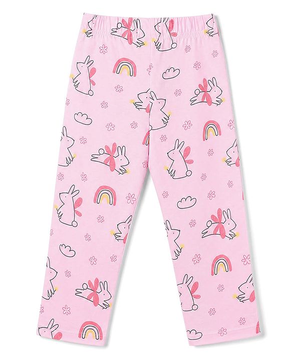 Babyhug 100% Cotton Knit Full Sleeves Co-Ords Top & Pyjama Night Suit with Bunny Rainbow & Floral Print - Pink