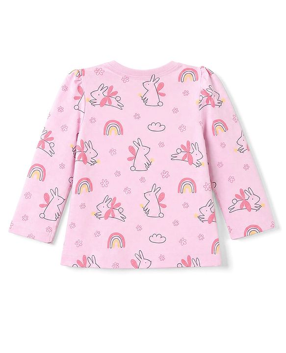 Babyhug 100% Cotton Knit Full Sleeves Co-Ords Top & Pyjama Night Suit with Bunny Rainbow & Floral Print - Pink
