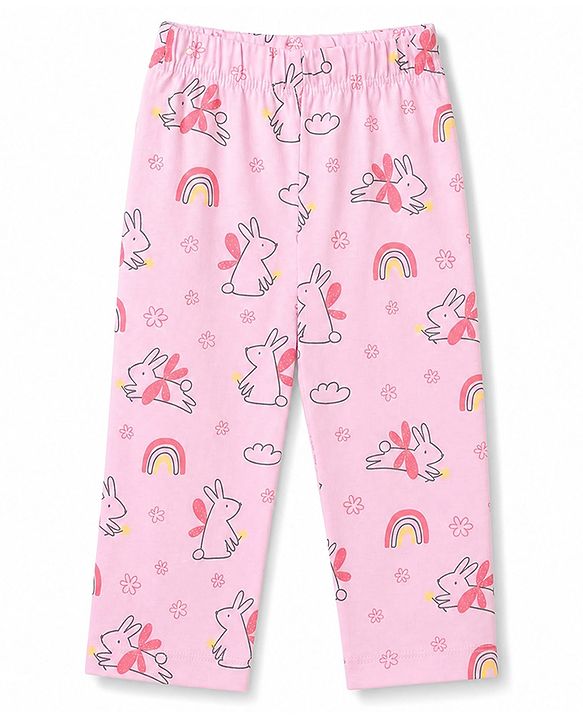 Babyhug 100% Cotton Knit Full Sleeves Co-Ords Top & Pyjama Night Suit with Bunny Rainbow & Floral Print - Pink