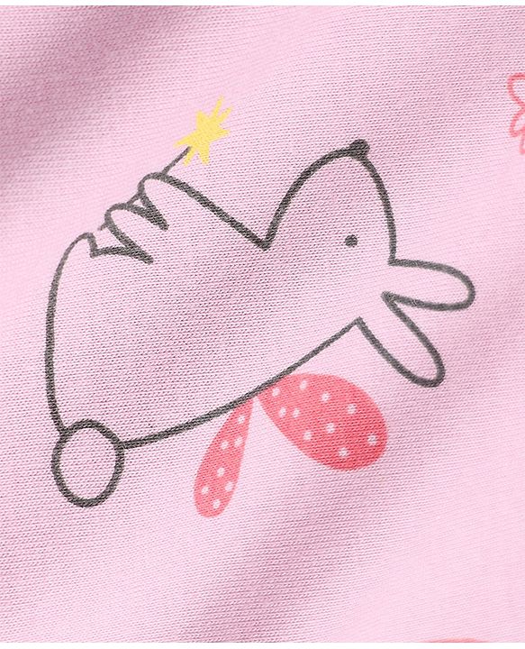 Babyhug 100% Cotton Knit Full Sleeves Co-Ords Top & Pyjama Night Suit with Bunny Rainbow & Floral Print - Pink