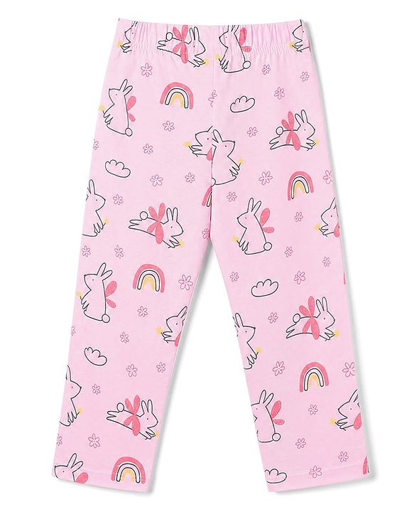 Babyhug 100% Cotton Knit Full Sleeves Co-Ords Top & Pyjama Night Suit with Bunny Rainbow & Floral Print - Pink