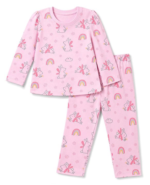 Babyhug 100% Cotton Knit Full Sleeves Co-Ords Top & Pyjama Night Suit with Bunny Rainbow & Floral Print - Pink