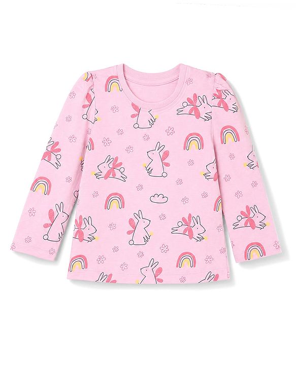Babyhug 100% Cotton Knit Full Sleeves Co-Ords Top & Pyjama Night Suit with Bunny Rainbow & Floral Print - Pink
