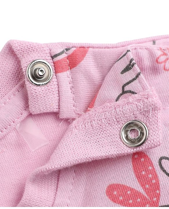 Babyhug 100% Cotton Knit Full Sleeves Co-Ords Top & Pyjama Night Suit with Bunny Rainbow & Floral Print - Pink