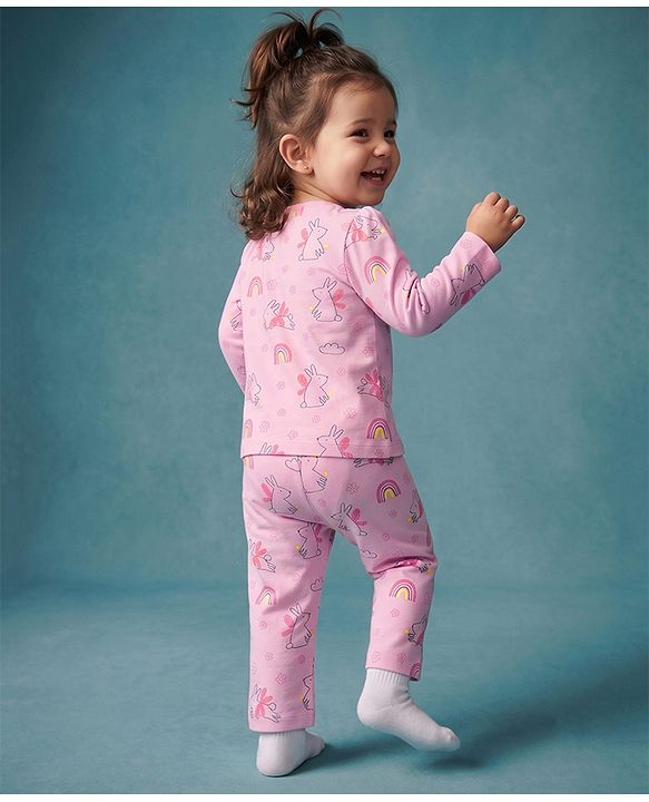Babyhug 100% Cotton Knit Full Sleeves Co-Ords Top & Pyjama Night Suit with Bunny Rainbow & Floral Print - Pink