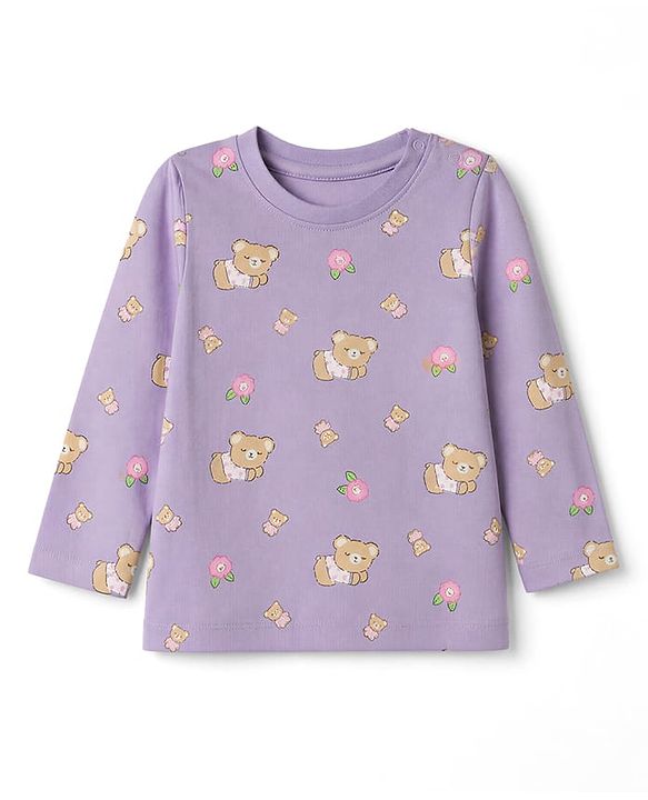 Babyhug 100% Cotton Knit Full Sleeves Co-Ords T-Shirt & Pyjama Night Suit with Bear & Floral Print - Violet