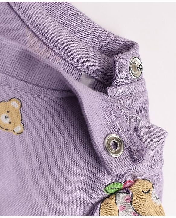 Babyhug 100% Cotton Knit Full Sleeves Co-Ords T-Shirt & Pyjama Night Suit with Bear & Floral Print - Violet