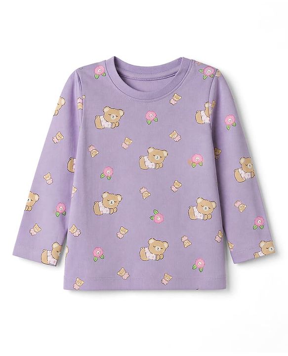 Babyhug 100% Cotton Knit Full Sleeves Co-Ords T-Shirt & Pyjama Night Suit with Bear & Floral Print - Violet