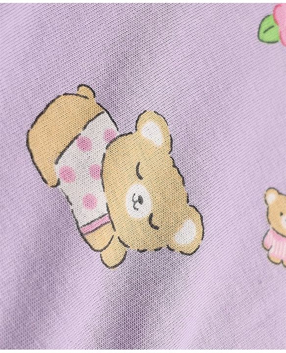 Babyhug 100% Cotton Knit Full Sleeves Co-Ords T-Shirt & Pyjama Night Suit with Bear & Floral Print - Violet