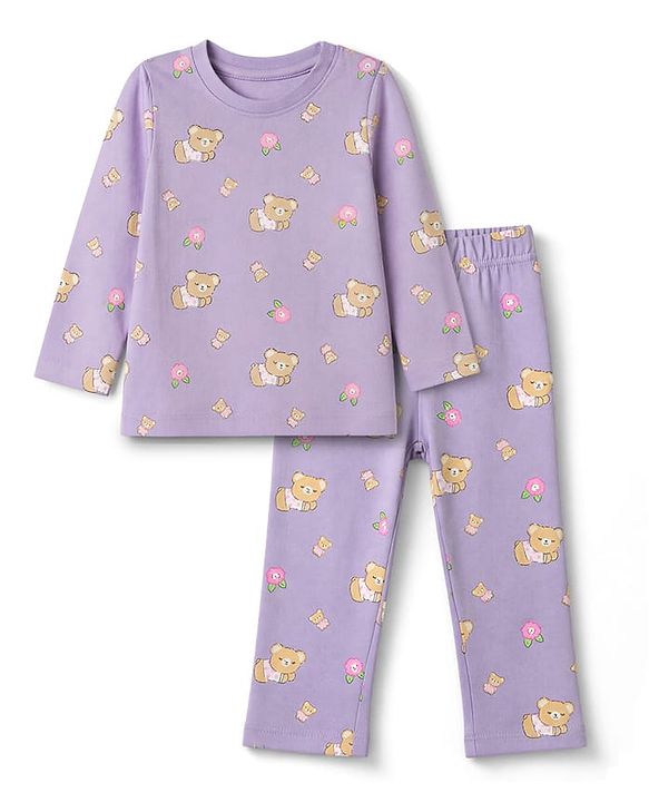 Babyhug 100% Cotton Knit Full Sleeves Co-Ords T-Shirt & Pyjama Night Suit with Bear & Floral Print - Violet