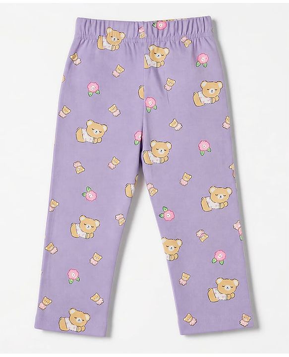 Babyhug 100% Cotton Knit Full Sleeves Co-Ords T-Shirt & Pyjama Night Suit with Bear & Floral Print - Violet