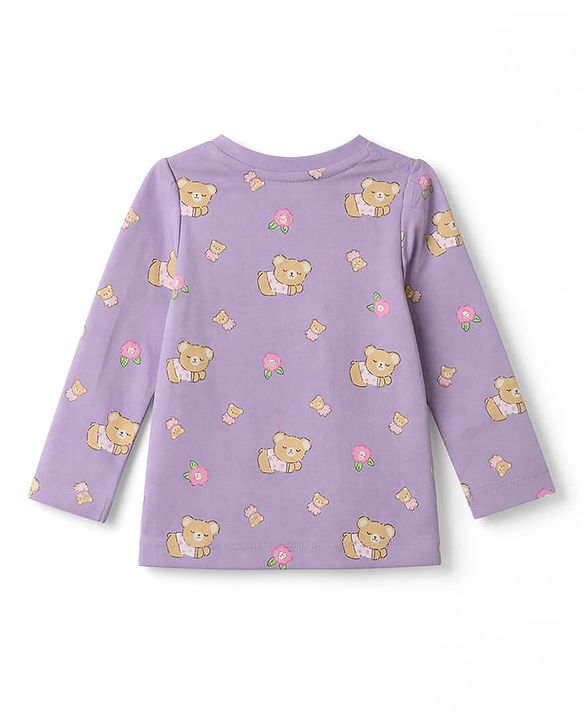 Babyhug 100% Cotton Knit Full Sleeves Co-Ords T-Shirt & Pyjama Night Suit with Bear & Floral Print - Violet