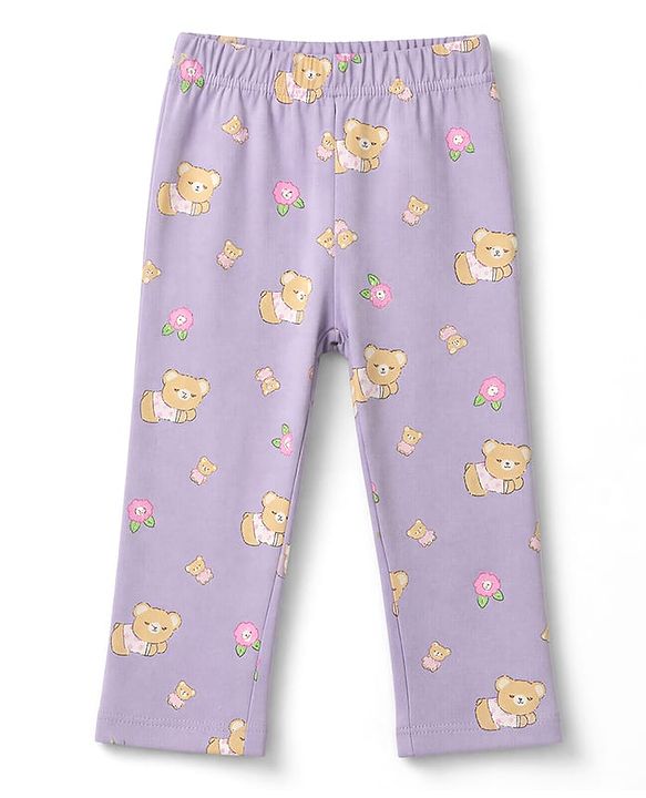 Babyhug 100% Cotton Knit Full Sleeves Co-Ords T-Shirt & Pyjama Night Suit with Bear & Floral Print - Violet