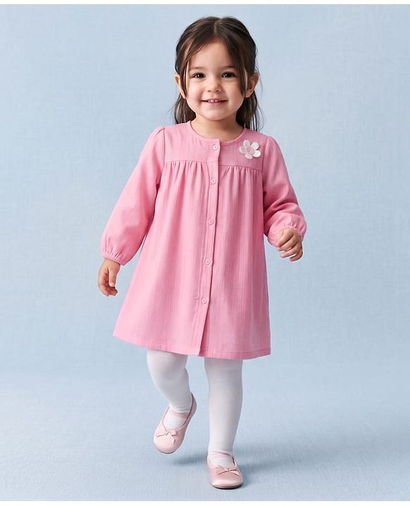 Babyhug 100% Cotton Woven Frock and Legging with Full Sleeves and Floral Applique in Pink for 2-3 Years
