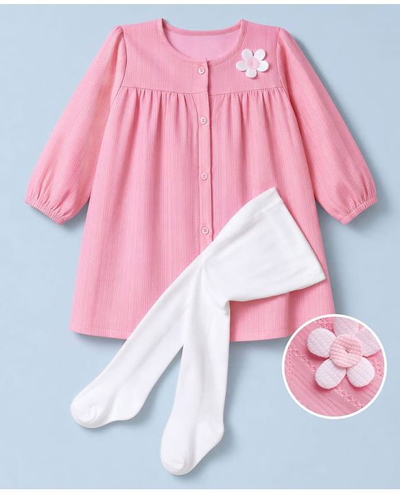Babyhug 100% Cotton Woven Frock and Legging with Full Sleeves and Floral Applique in Pink for 2-3 Years