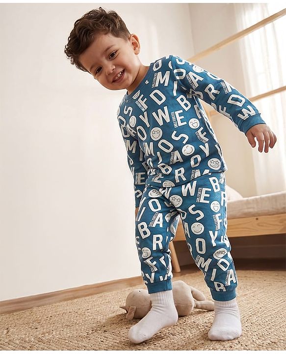 Babyhug 100% Cotton Knit Full Sleeves Co-Ords T-Shirt & Pyjama Night Suit with Smile Forever Print - Teal Blue