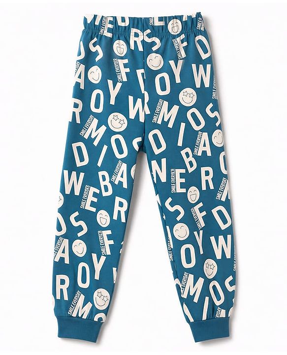 Babyhug 100% Cotton Knit Full Sleeves Co-Ords T-Shirt & Pyjama Night Suit with Smile Forever Print - Teal Blue