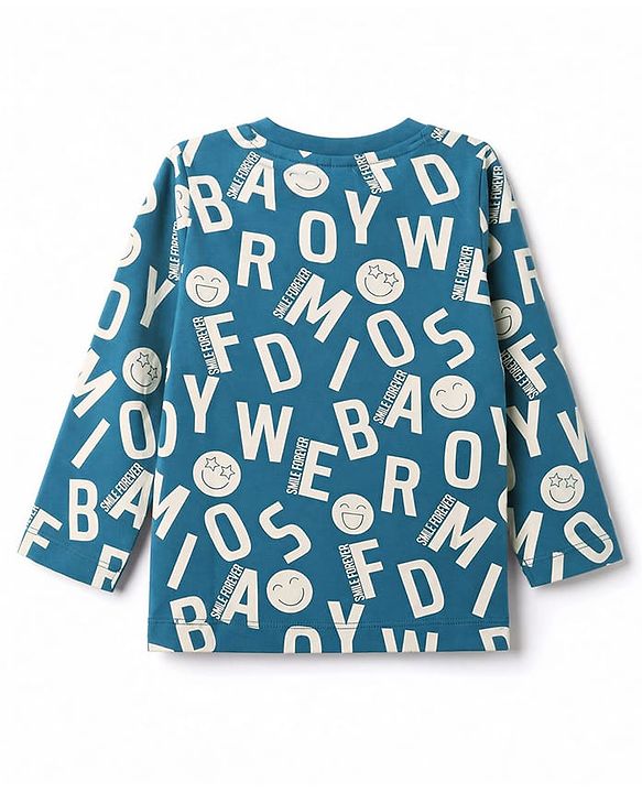 Babyhug 100% Cotton Knit Full Sleeves Co-Ords T-Shirt & Pyjama Night Suit with Smile Forever Print - Teal Blue