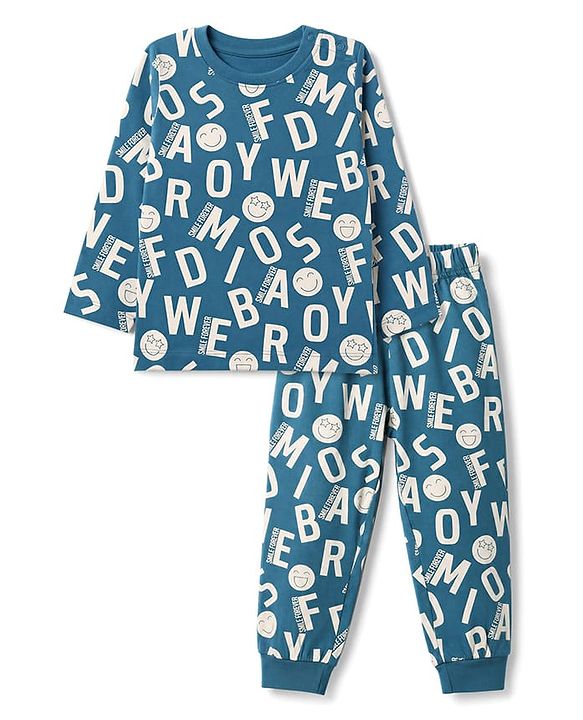Babyhug 100% Cotton Knit Full Sleeves Co-Ords T-Shirt & Pyjama Night Suit with Smile Forever Print - Teal Blue