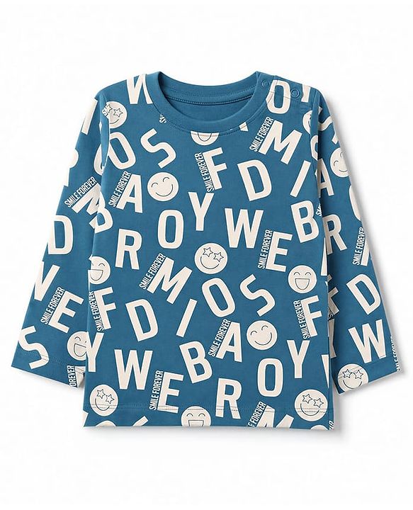 Babyhug 100% Cotton Knit Full Sleeves Co-Ords T-Shirt & Pyjama Night Suit with Smile Forever Print - Teal Blue