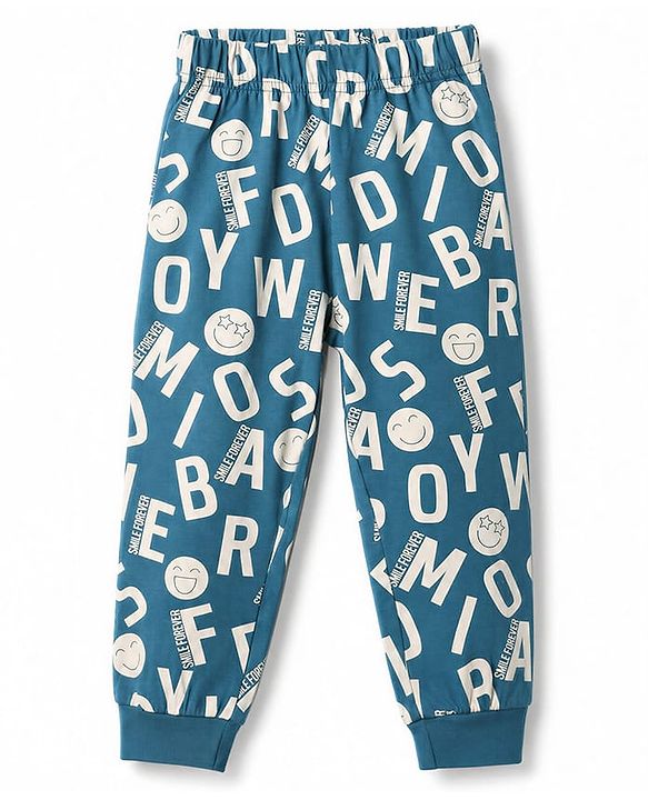 Babyhug 100% Cotton Knit Full Sleeves Co-Ords T-Shirt & Pyjama Night Suit with Smile Forever Print - Teal Blue