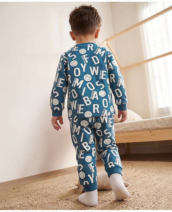 Babyhug 100% Cotton Knit Full Sleeves Co-Ords T-Shirt & Pyjama Night Suit with Smile Forever Print - Teal Blue