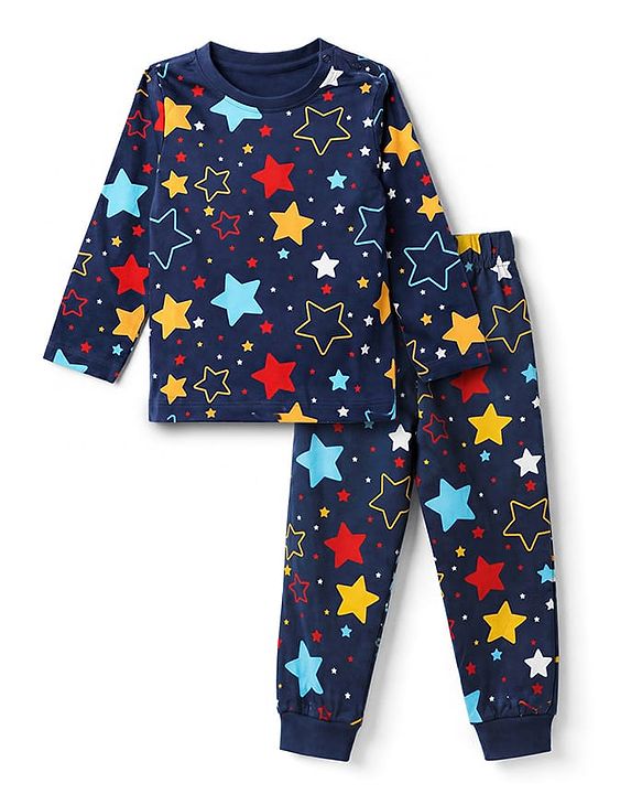Babyhug 100% Cotton Knit Full Sleeves Co-Ords T-Shirt & Pyjama Night Suit with Star Print - Navy Blue