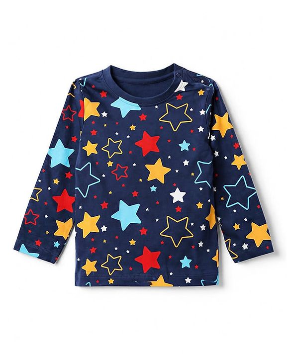 Babyhug 100% Cotton Knit Full Sleeves Co-Ords T-Shirt & Pyjama Night Suit with Star Print - Navy Blue