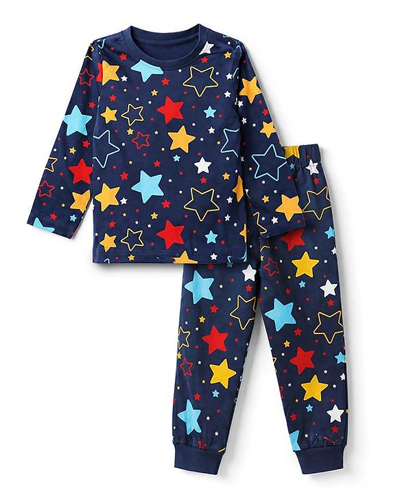Babyhug 100% Cotton Knit Full Sleeves Co-Ords T-Shirt & Pyjama Night Suit with Star Print - Navy Blue