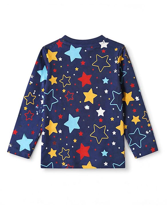 Babyhug 100% Cotton Knit Full Sleeves Co-Ords T-Shirt & Pyjama Night Suit with Star Print - Navy Blue