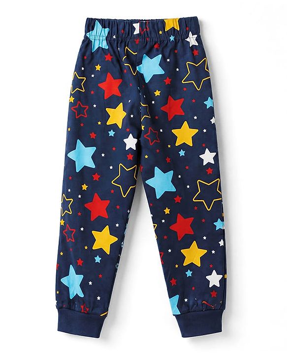 Babyhug 100% Cotton Knit Full Sleeves Co-Ords T-Shirt & Pyjama Night Suit with Star Print - Navy Blue