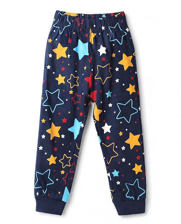 Babyhug 100% Cotton Knit Full Sleeves Co-Ords T-Shirt & Pyjama Night Suit with Star Print - Navy Blue