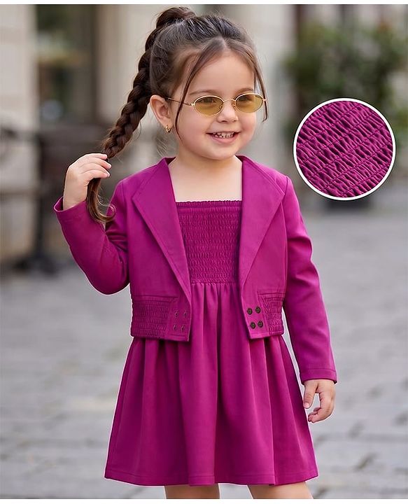 Babyhug Poplin Woven Full Sleeves Solid Frock With Jacket - Dark Pink