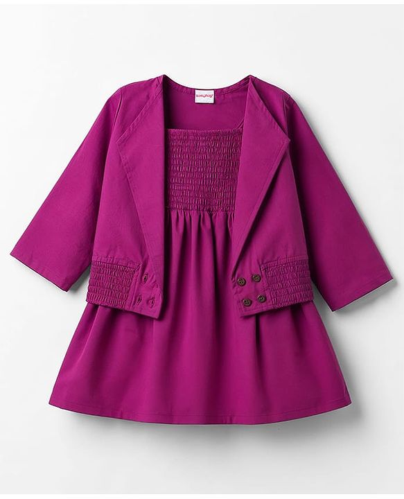Babyhug Poplin Woven Full Sleeves Solid Frock With Jacket - Dark Pink
