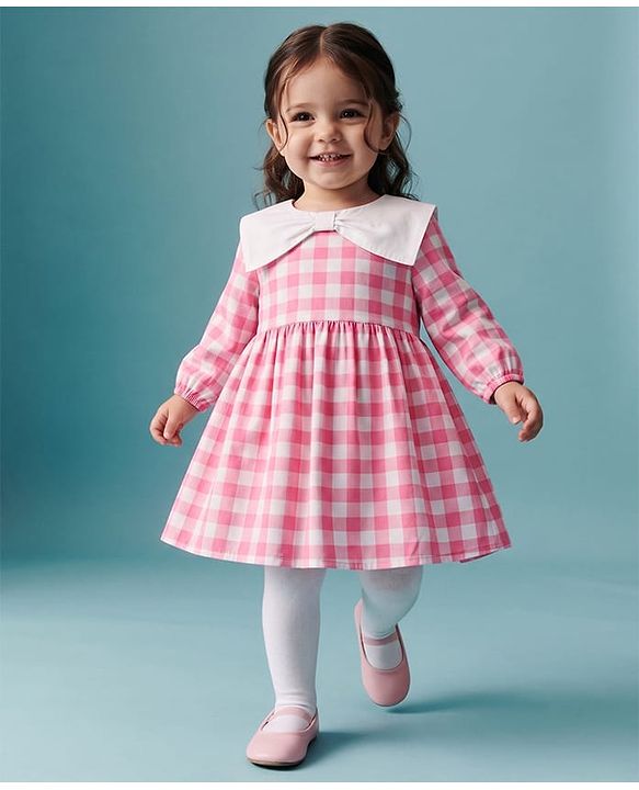 Babyhug 100% Cotton Woven Full Sleeves Checked Frock With Leggings - Pink