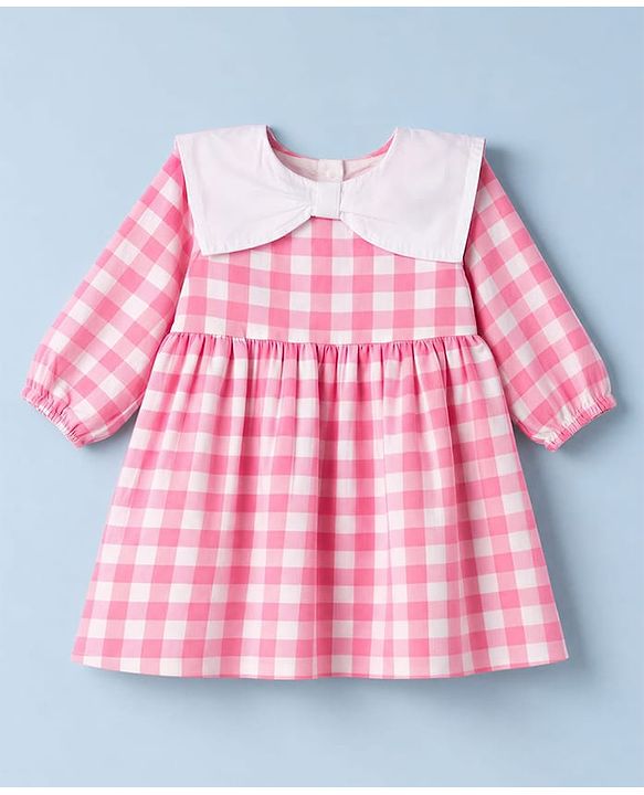 Babyhug 100% Cotton Woven Full Sleeves Checked Frock With Leggings - Pink