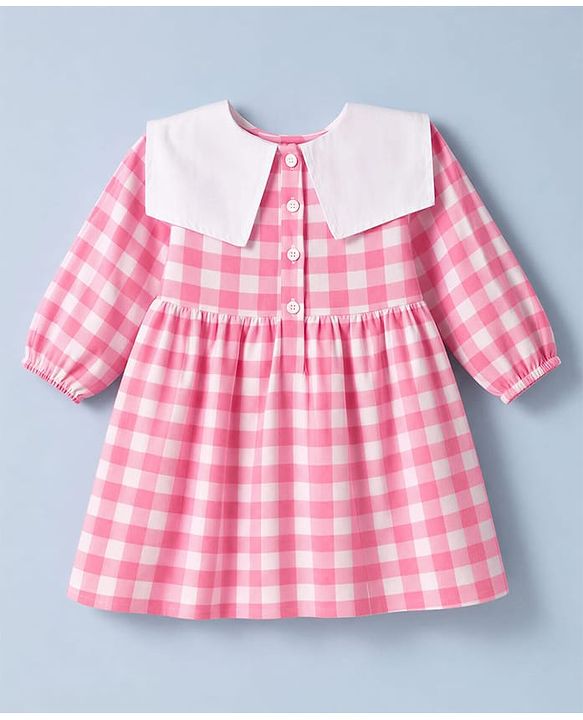 Babyhug 100% Cotton Woven Full Sleeves Checked Frock With Leggings - Pink