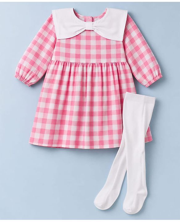 Babyhug 100% Cotton Woven Full Sleeves Checked Frock With Leggings - Pink