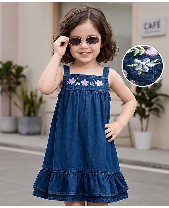 Babyhug Denim Woven Sleeveless Floral Embroidered Frock - Navy Blue