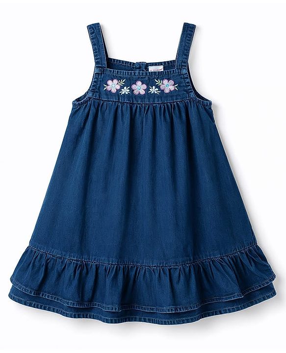 Babyhug Denim Woven Sleeveless Floral Embroidered Frock - Navy Blue