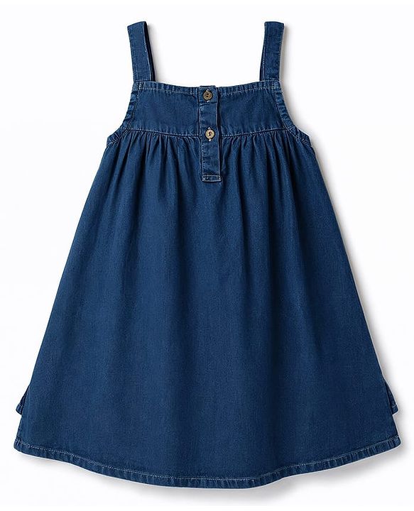 Babyhug Denim Woven Sleeveless Floral Embroidered Frock - Navy Blue