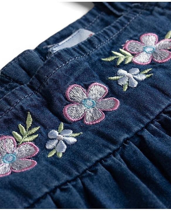 Babyhug Denim Woven Sleeveless Floral Embroidered Frock - Navy Blue