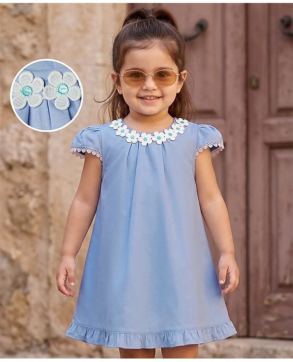 Babyhug Oxford Woven Half Sleeves Solid Frock With Floral Applique & Lace Detailing - Light Blue