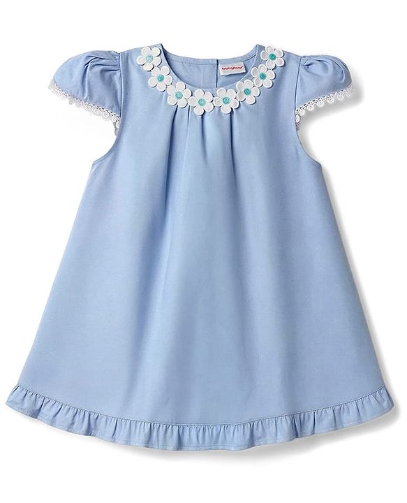 Babyhug Oxford Woven Half Sleeves Solid Frock With Floral Applique & Lace Detailing - Light Blue