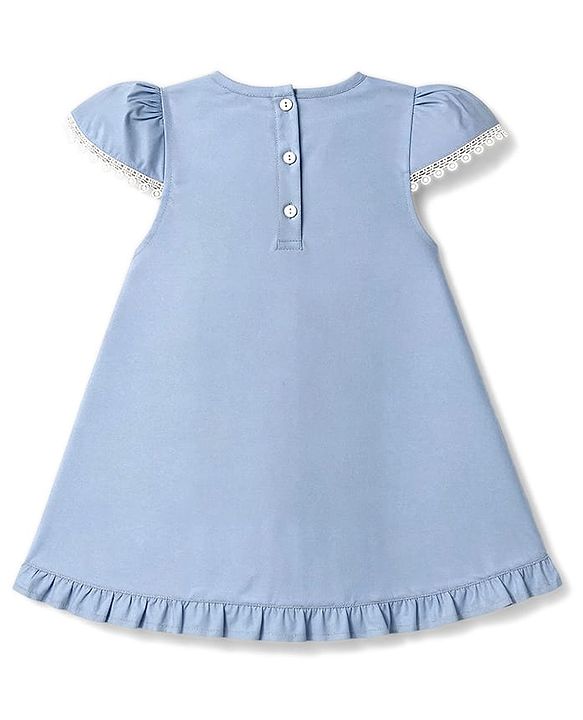 Babyhug Oxford Woven Half Sleeves Solid Frock With Floral Applique & Lace Detailing - Light Blue