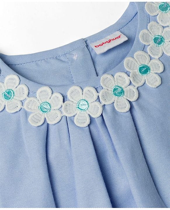 Babyhug Oxford Woven Half Sleeves Solid Frock With Floral Applique & Lace Detailing - Light Blue
