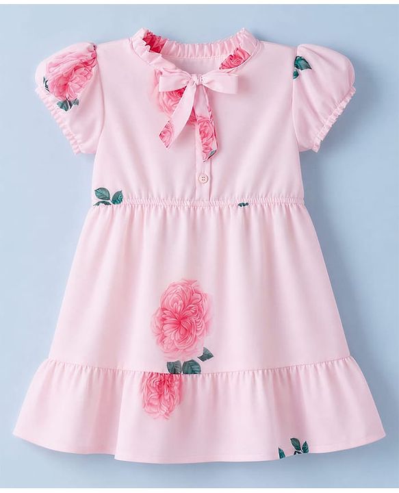 Babyhug Georgette Woven Half Sleeves One Piece Dress With Floral Print - Pink