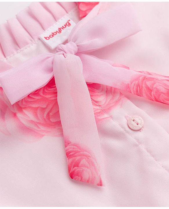 Babyhug Georgette Woven Half Sleeves One Piece Dress With Floral Print - Pink