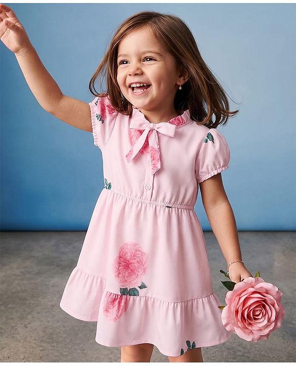 Babyhug Georgette Woven Half Sleeves One Piece Dress With Floral Print - Pink
