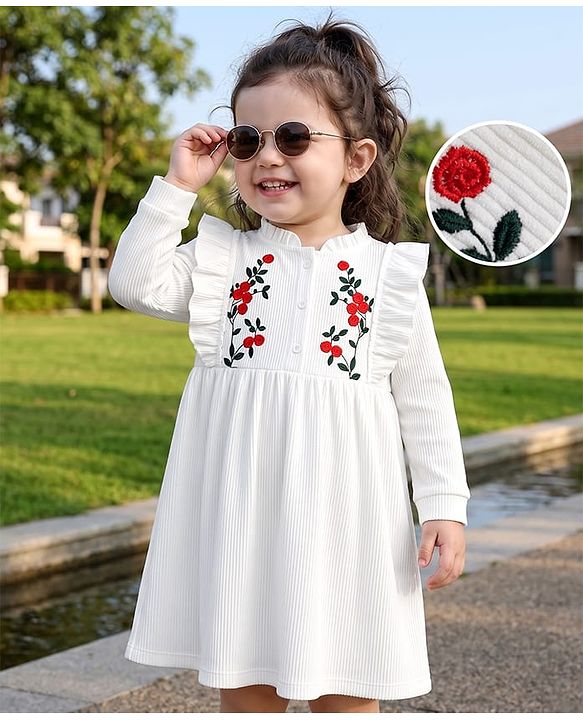 Babyhug Corduroy Woven Full Sleeves Frill Detailing Frock With Floral Embroidery - White